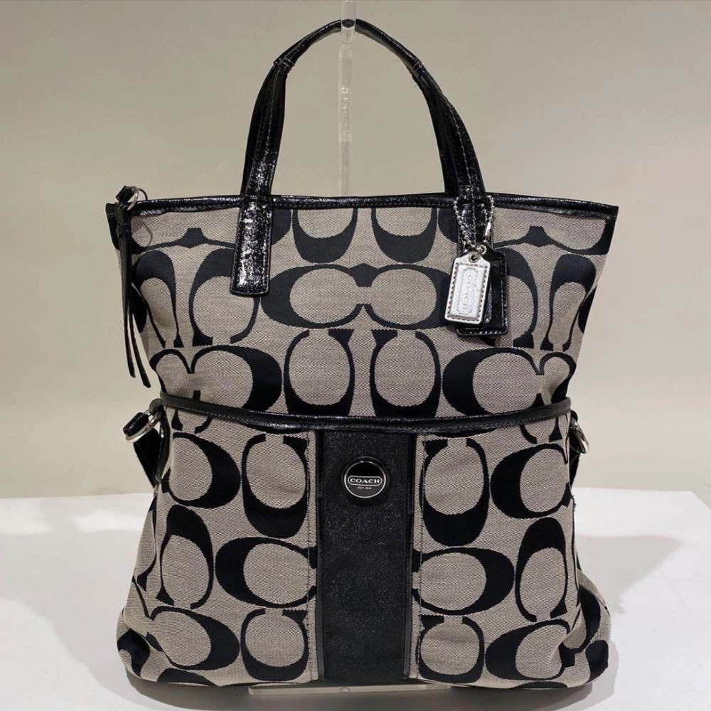 Coach Signature Stripe Black and Grey Foldover Tote Crossbody Bag